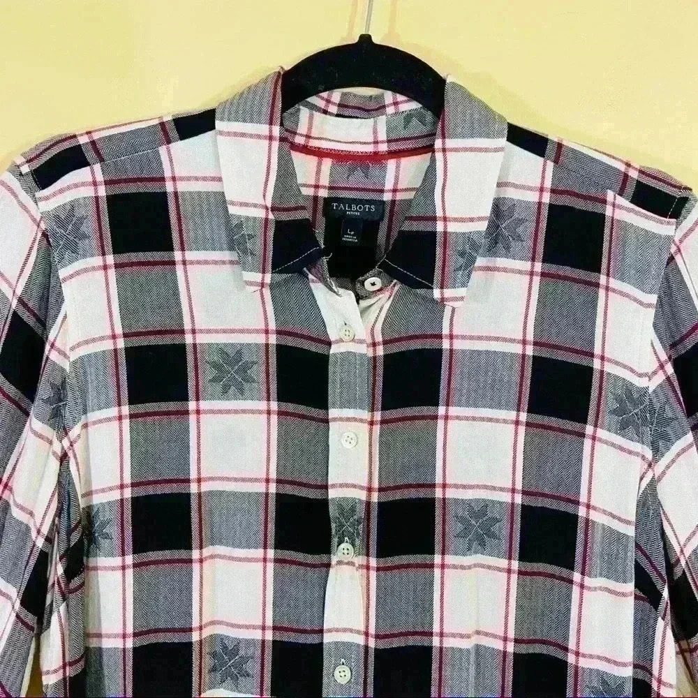 Talbots Snowflake Plaid Soft Button Down Rayon Li… - image 3